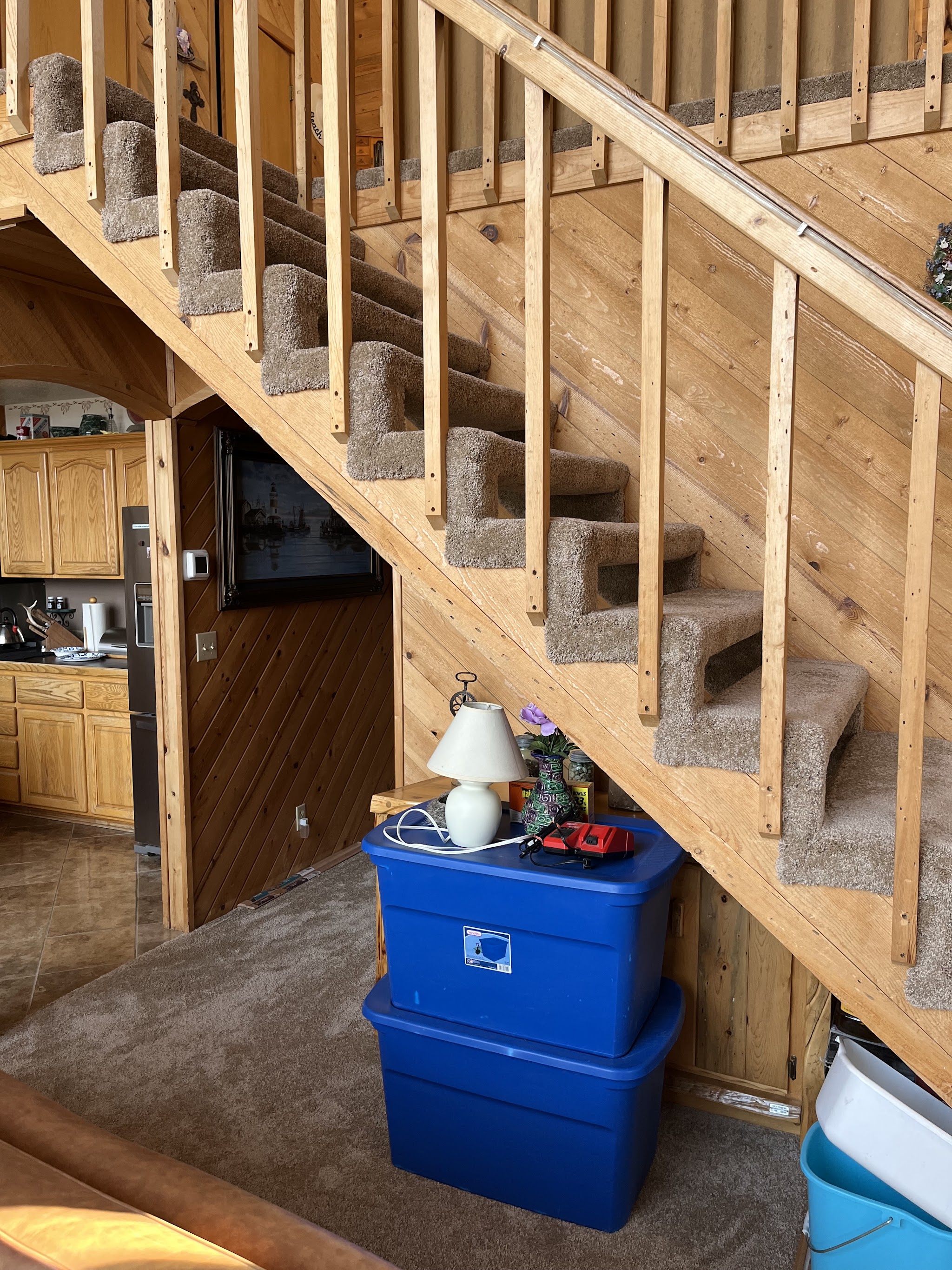 A closer view of a finished cabin staircase installation